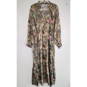 Roller Rabbit Dress Womens XL Tropical Bird Print Boho Maxi Tassel Tiered Resort